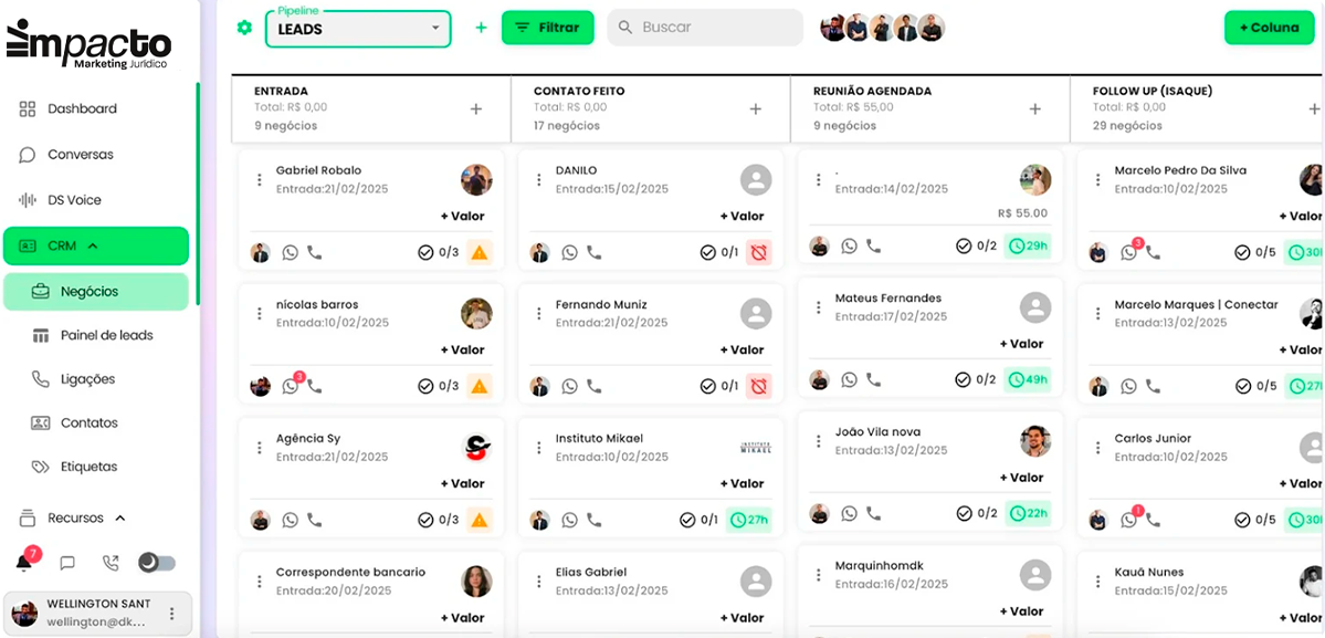 Interface visual do CRM Impacto com pipeline de leads no formato Kanban